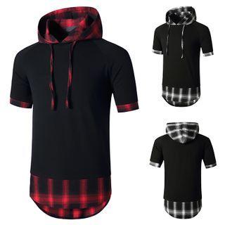 Short-sleeve Hooded Plaid Panel T-shirt