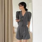 Set: Puff-sleeve Cropped Blouse + Wide-leg Shorts