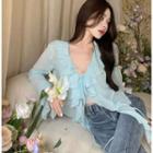 Set: Long-sleeve Ruffle Cropped Blouse + Camisole Top Blue - One Size