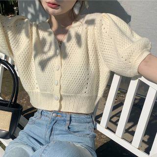 Puff-sleeve V-neck Cutout Knit Cardigan