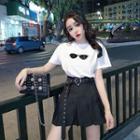 Short-sleeve Embellished T-shirt / Mini A-line Pleated Skirt