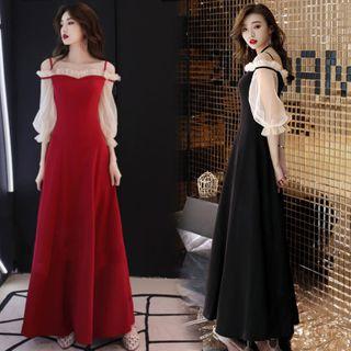 Mesh-sleeve Cold-shoulder Maxi A-line Dress