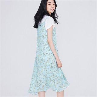Asymmetric-hem Floral-pattern Chiffon Spaghetti Strap Dress