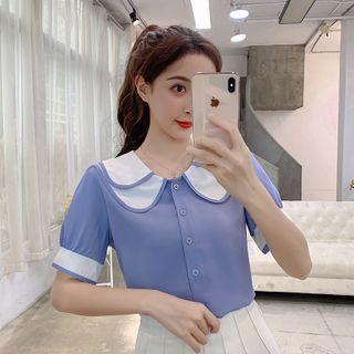 Short-sleeve Wide-collar Buttoned Chiffon Blouse