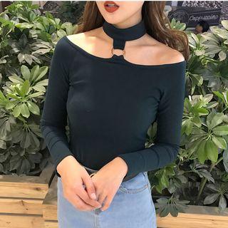 Choker Neck Off-shoulder Long-sleeve T-shirt