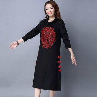Embroidered Cowl Neck Long Sleeve Dress