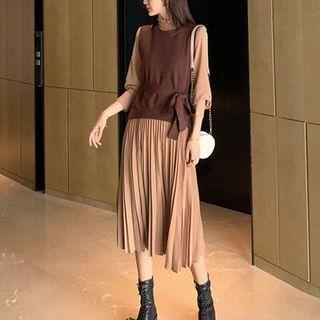 Puff-sleeve Pleated Midi Dress / Knit Vest