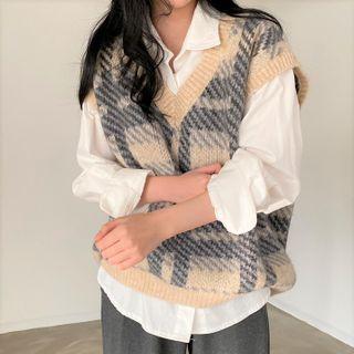 Long-sleeve Shirt / Plaid Sweater Vest