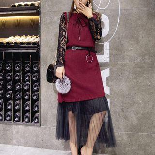 Set: Tulle Panel Lace Midi Dress + Sleeveless Knit Dress With Belt