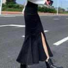 Ruffled Denim Midi Skirt