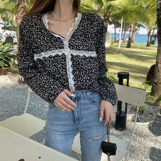 Long-sleeve Floral Lace Trim Blouse Floral - One Size