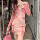 Spaghetti Strap Mini Sheath Dress / Long-sleeve Off-shoulder Crop Top