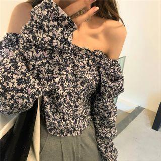 Off-shoulder Floral Blouse Blue - One Size