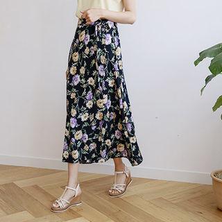 Floral Surplice-wrap Midi Skirt