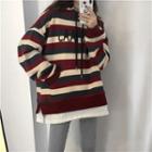 Letter Printed Striped Hooded Pullover As Shown In Figure - One Size
