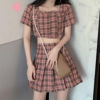 Set: Short-sleeve Plaid Cropped Top + A-line Mini Pleated Skirt