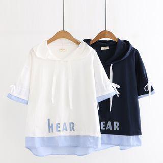 Mock Two-piece Short-sleeve Striped Panel Hooded T-shirt