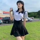 Short Sleeve Two-tone Polo Top / Tie-shoulder Overalls Pleated Mini Dress