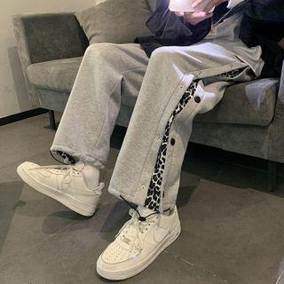 Side Button-up Harem Sweatpants / Long-sleeve Plain T-shirt / Set