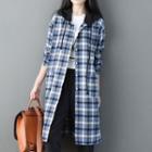 Hooded Long Plaid Button Jacket