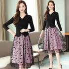Mock Two-piece Long-sleeve Mesh Overlay A-line Dress