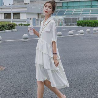 Short-sleeve Open-collar Tiered A-line Shirtdress