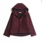 Plaid Hooded Button Coat Wine Red - One Size