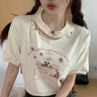 Short-sleeve Cutout Print T-shirt Almond - One Size