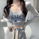 Long-sleeve V-neck Lettering Cropped T-shirt