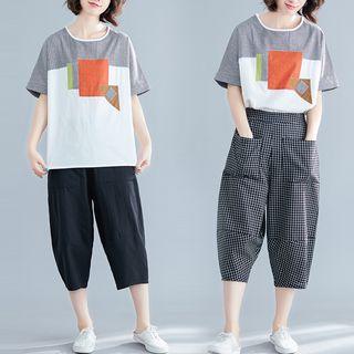 Set: Checked Panel Short-sleeve T-shirt + Cropped Harem Pants