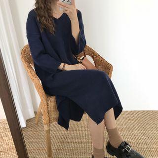 Plain Round-neck Long-sleeve Loose-fit Dress
