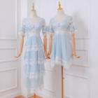 Lace Trim Short-sleeve A-line Dress / Midi Dress