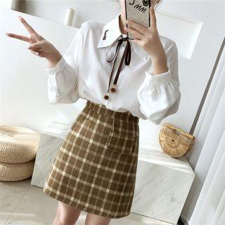 Long-sleeve Letter Embroidered Tie-neck Blouse