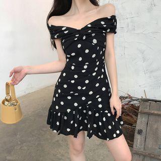 Off-shoulder Dotted Shirred A-line Dress