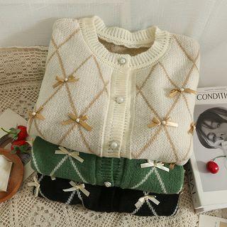 Argyle Ribbon-accent Loose Cardigan