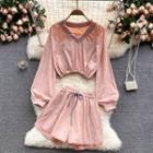 Set Of 2 : V-neck Long-sleeve Top + Drawstring Shorts