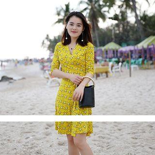 Patterned 3/4-sleeve A-line Sundress