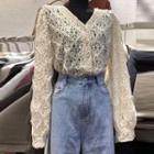 Long-sleeve Perforated Mesh Blouse