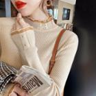 Semi High-neck Long-sleeve Lace Knit Top