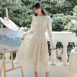 Button Accent Long-sleeve Lace Dress