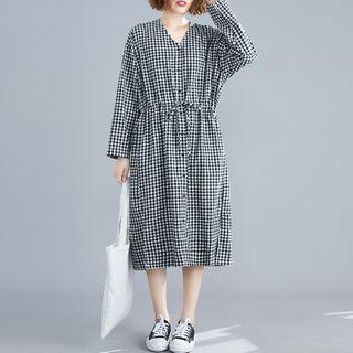 Long-sleeve Plaid Midi A-line Shirt Dress Plaid - Black & White - One Size