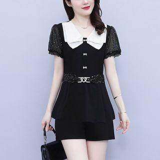 Set Of 2 - Bow Puff-sleeve Top + Plain Shorts
