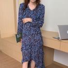 Long-sleeve Flower Print Asymmetrical Shift Dress Blue & Coffee - One Size