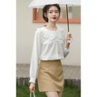 Lace Trim Collar Long-sleeve Blouse White - One Size