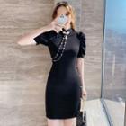 Short-sleeve Faux Pearl Mini Bodycon Qipao Dress
