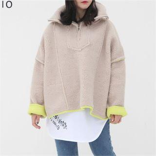 High-neck Contrast-trim Fleece Top Ivory - One Size