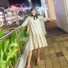 Elbow-sleeve Ruffle-hem Loose-fit Dress