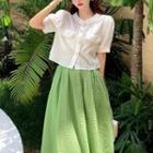 Elbow-sleeve Button-up Top / Midi A-line Skirt