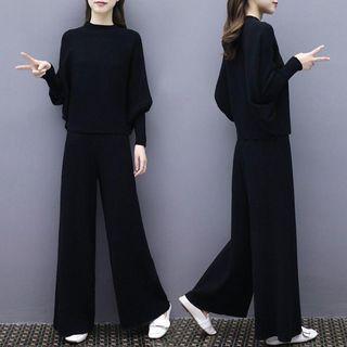 Set: Batwing-sleeve Knit Top + Wide Leg Pants