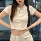 Short-sleeve Polo Collar Plain Wave Trim Top White - One Size